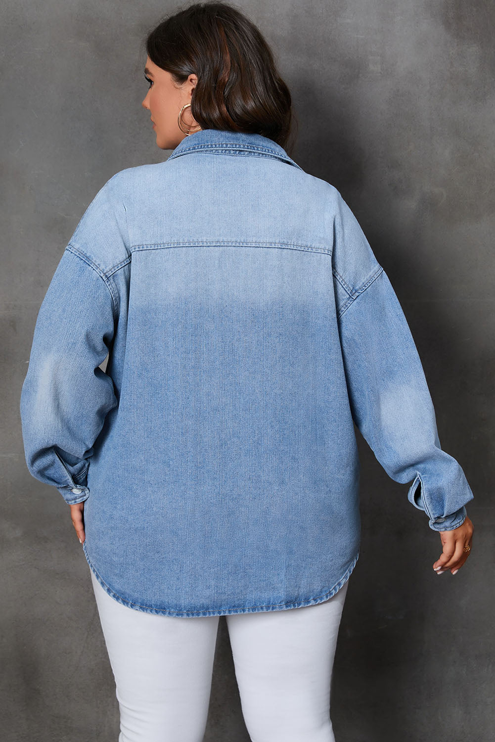 Sky Blue Plus Size Denim Shacket - Chest Pocket/Button-Up