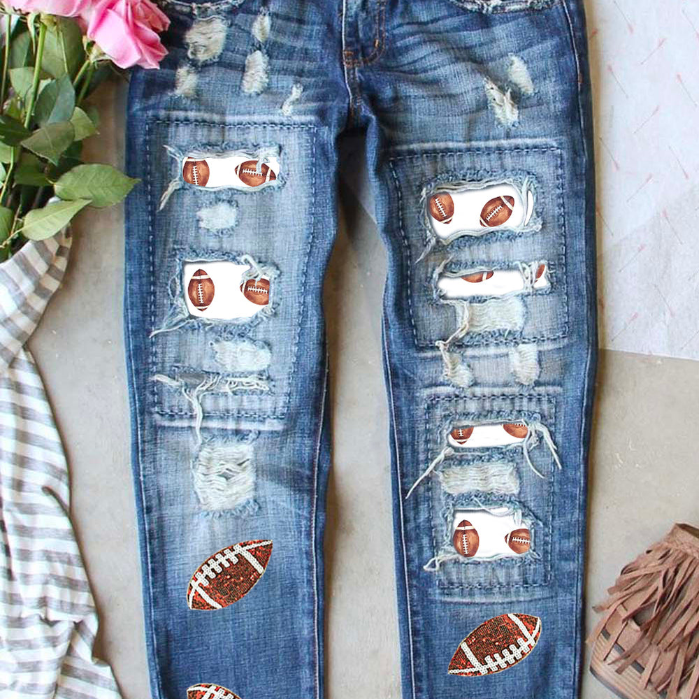 Sky Blue Sequin Rugby Patch Distressed Jeans