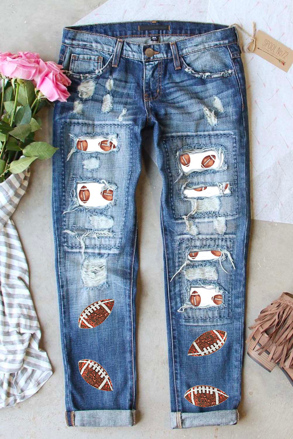 Sky Blue Sequin Rugby Patch Distressed Jeans