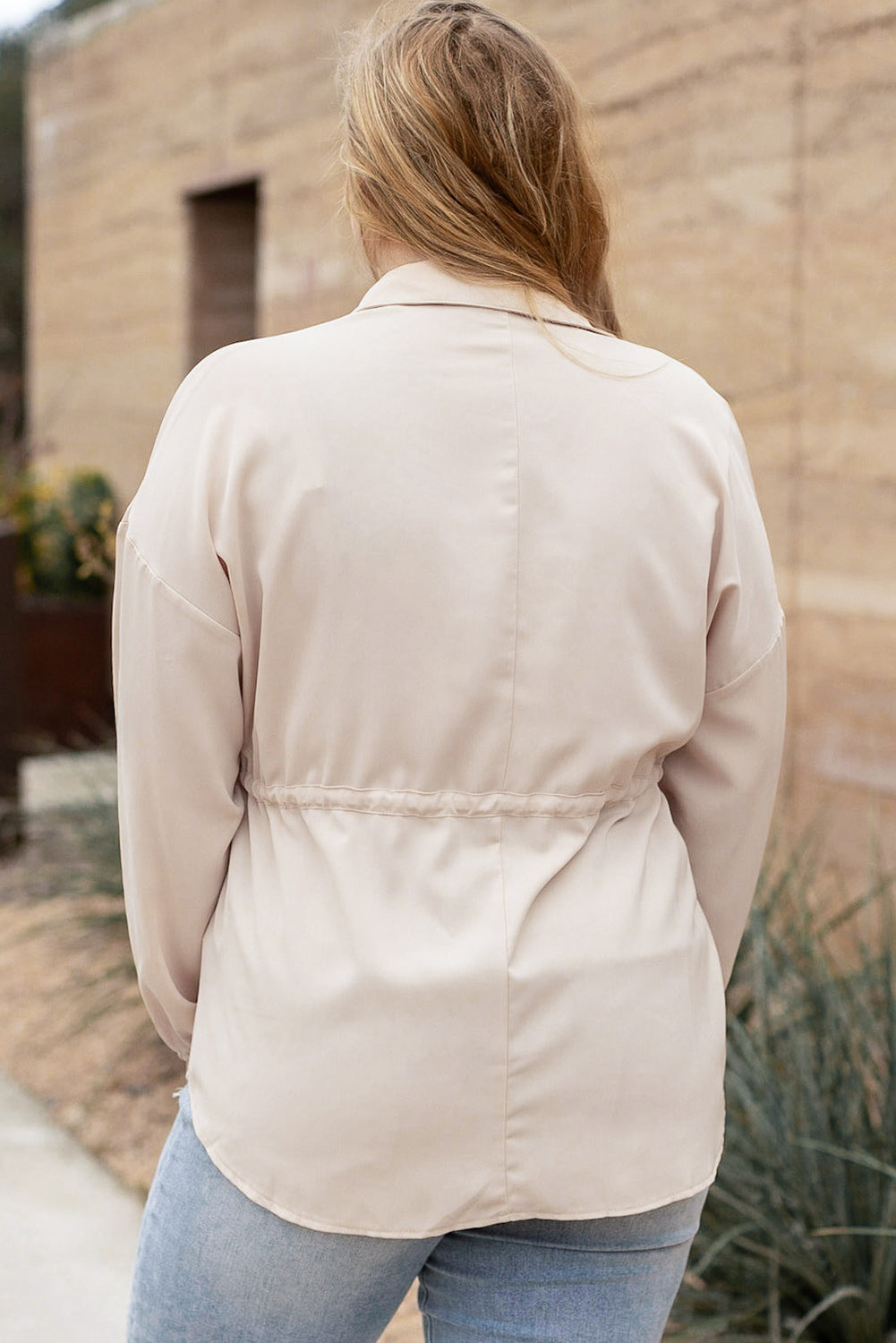 French Beige Plus Size Puff Sleeve Tunic Shirt