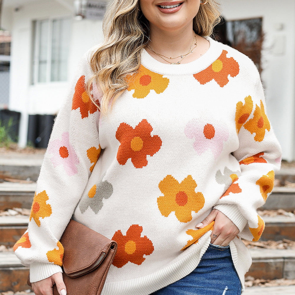 White Plus Size Flower Pattern Ribbed Trim Casual Sweater