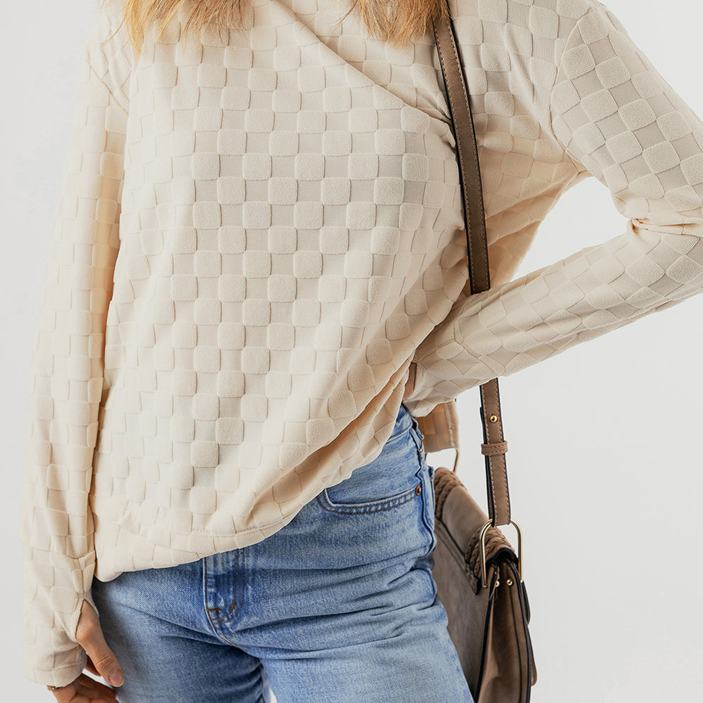 
                      
                        Beige Solid Textured Thumbhole Sleeve Top
                      
                    