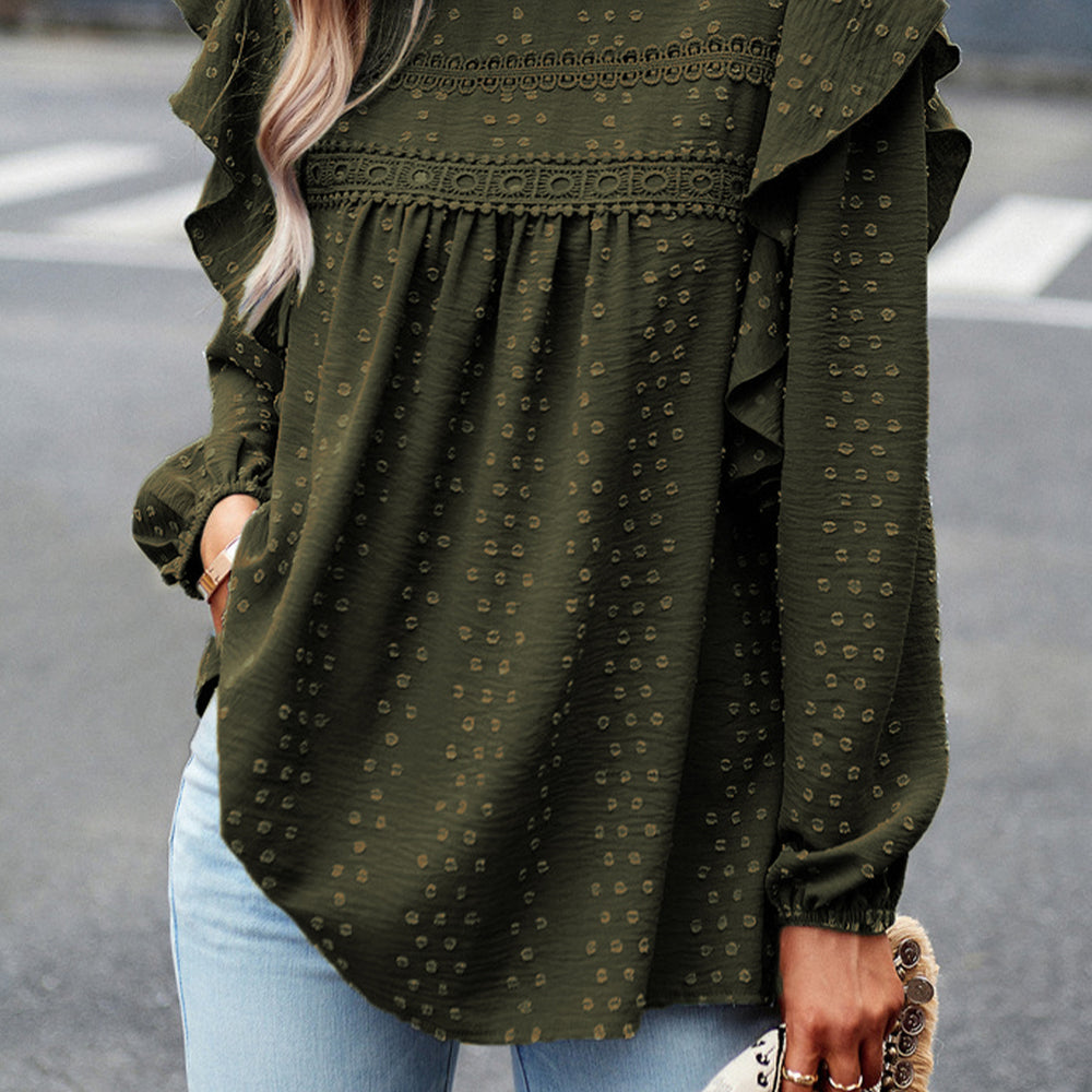 
                      
                        Black Lace Eyelet Ruffle Shoulder Long Sleeve Blouse
                      
                    