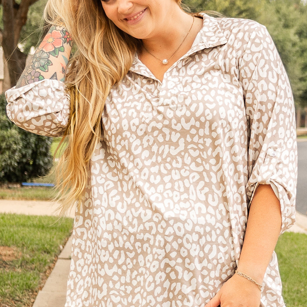 
                      
                        Apricot Leopard Tab Sleeve V Neck Plus Size Top
                      
                    