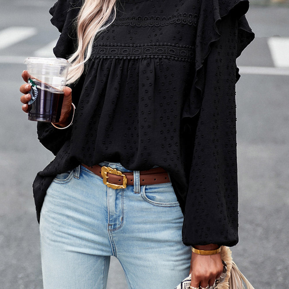 
                      
                        Black Lace Eyelet Ruffle Shoulder Long Sleeve Blouse
                      
                    