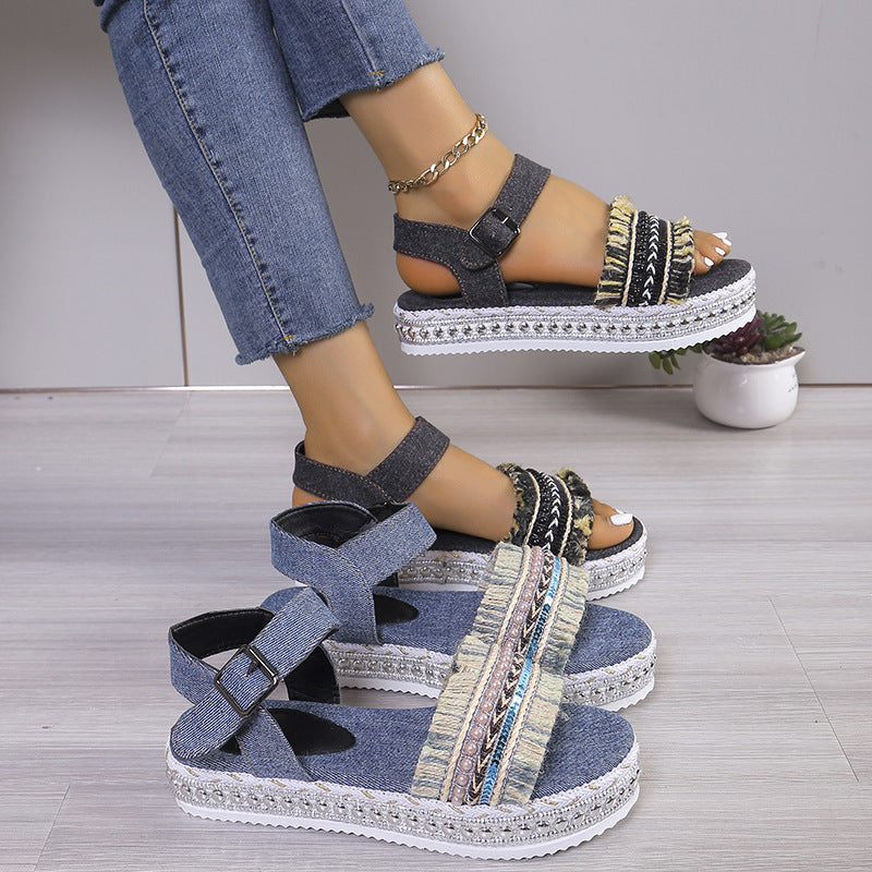 
                      
                        Fashion Tassel Denim Sandals with Thick-Soled Flat Heel New Summer Hemp Rope Sole Ethnic Style Shoes for Women
                      
                    