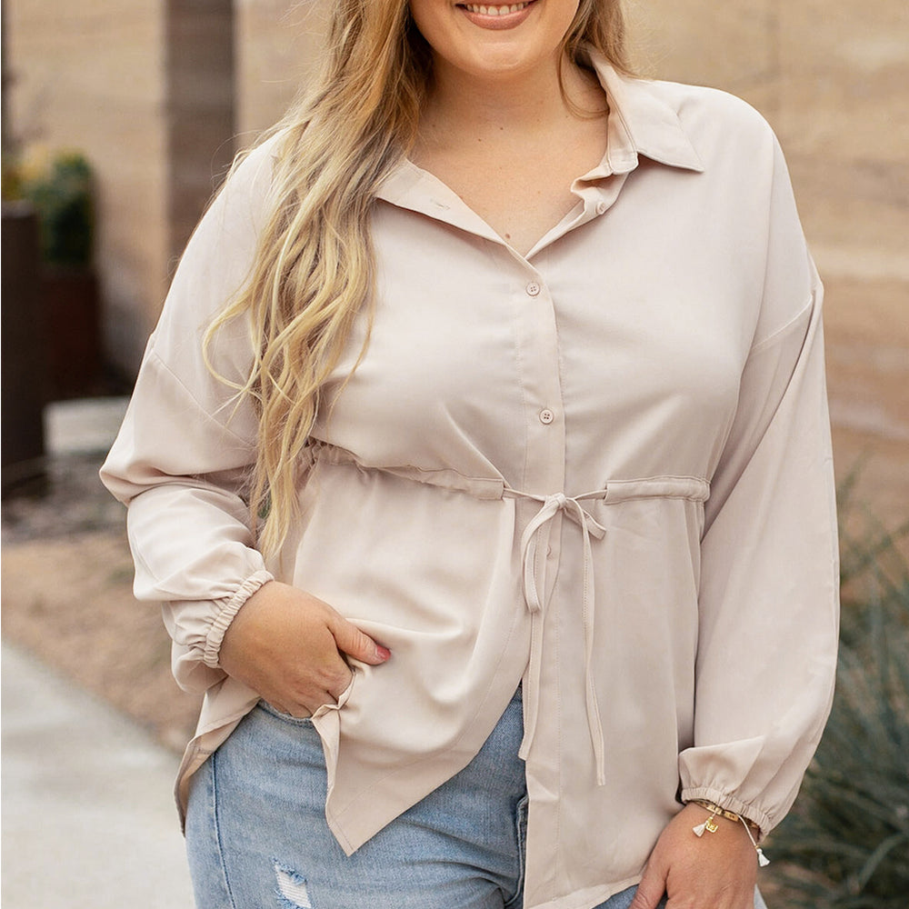 French Beige Plus Size Puff Sleeve Tunic Shirt