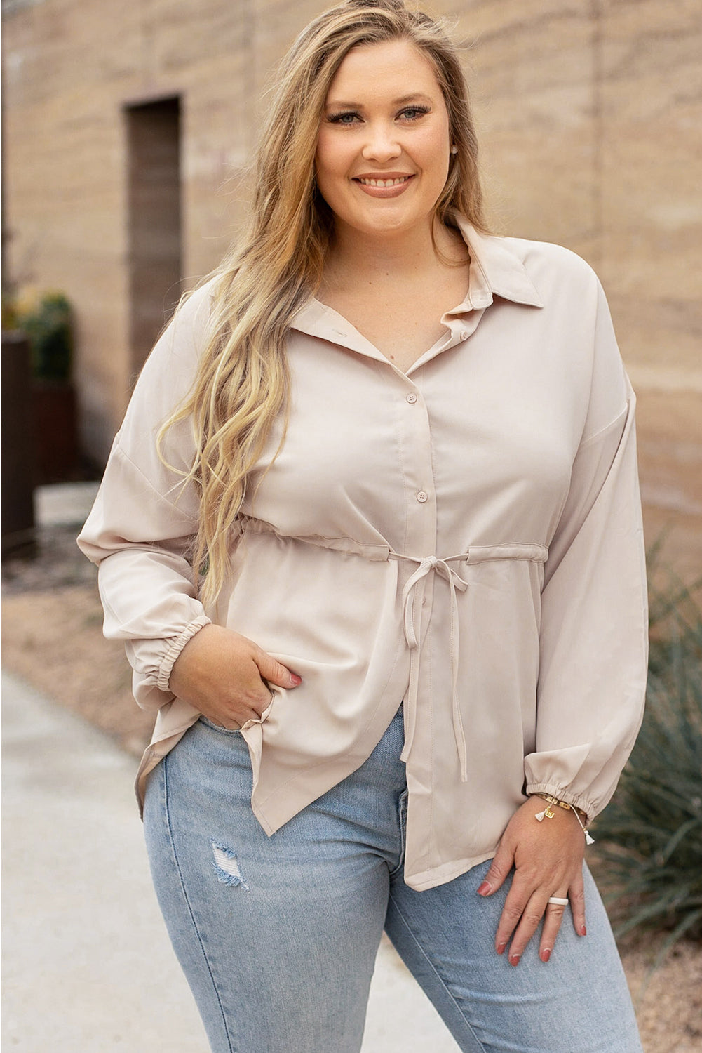 French Beige Plus Size Puff Sleeve Tunic Shirt