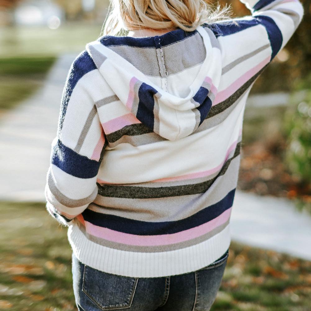 Plus Size Striped Hooded Knit Sweater