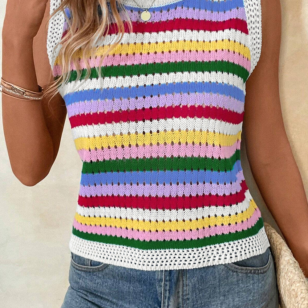 Multicolour Striped Knitted Eyelet Slim Sweater Vest